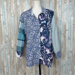 Habitat L Crinkled Mixed Print Stir It Up Shaped Button Down Shirt Top Blouse